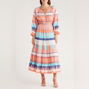 508. AREA STARS Stripe Resort Cotton Dress in Coral Multi Sz L NWT $250